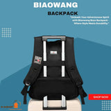 Black Biaowang boys backpack with trolley strap on suitcase, blue promo background.