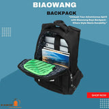 Open black Biaowang backpack with laptop, books, and organizer against blue background