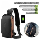 Brown and black multifunctional chest bag with adjustable strap, USB charging, anti-theft lock