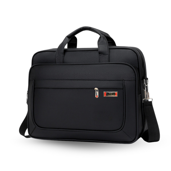 Sleek PU leather laptop bag fits up to 15.6" devices, featuring smart organization, a comfortable carry, and water-resistant protection.