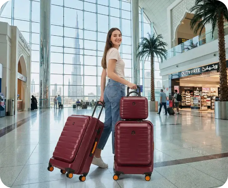 Woman pulling a set of red suitcases in a modern airport terminal.