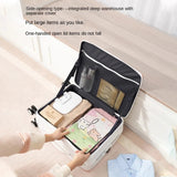 White side-opening travel suitcase with organized compartments, perfect for packing clothes and toiletries