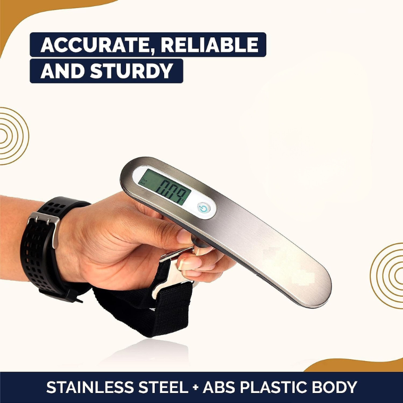 Digital luggage scale with stainless steel body, showing 0.09 kg weight, held in hand for travel use
