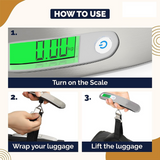 Digital luggage scale with green display, showing how to weigh bags by turning on, wrapping, and lifting