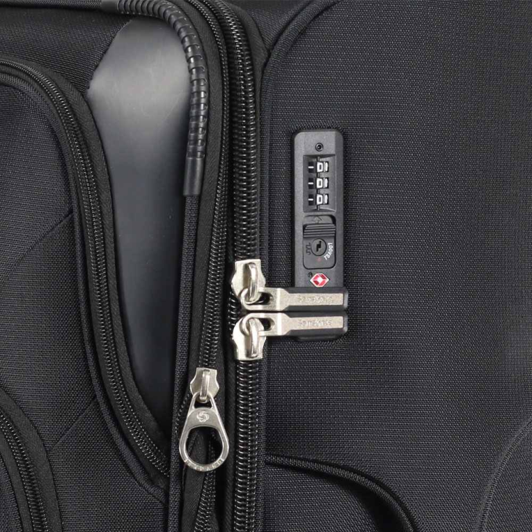 Black travel luggage with TSA combo lock and dual zippers for secure packing