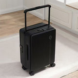 Black hard-shell travel suitcase with spinner wheels and telescopic handle, ideal for students and laptop travel