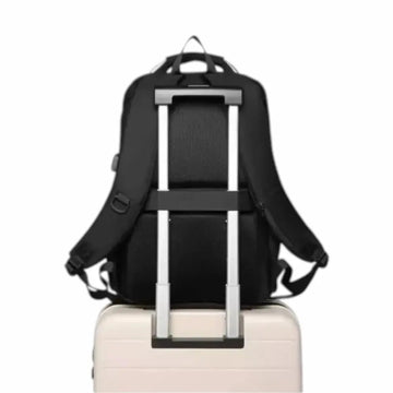 Black backpack with a rolling handle on a white background