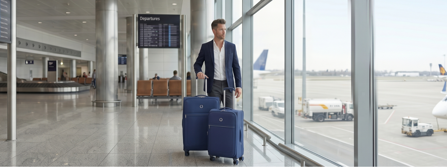 Man with blue suitcases walking through an airport terminal with planes visible outside.