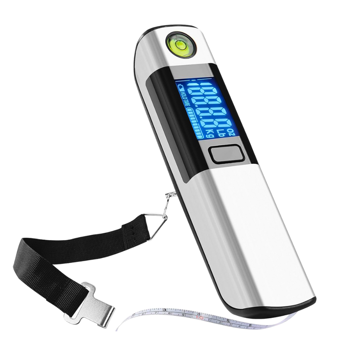 Digital luggage scale with a strap on a white background