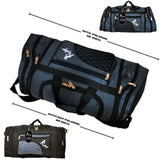 Expandable duffle bag in black with gold zippers, shown folded at 32 inches and unfolded at 25 inches.