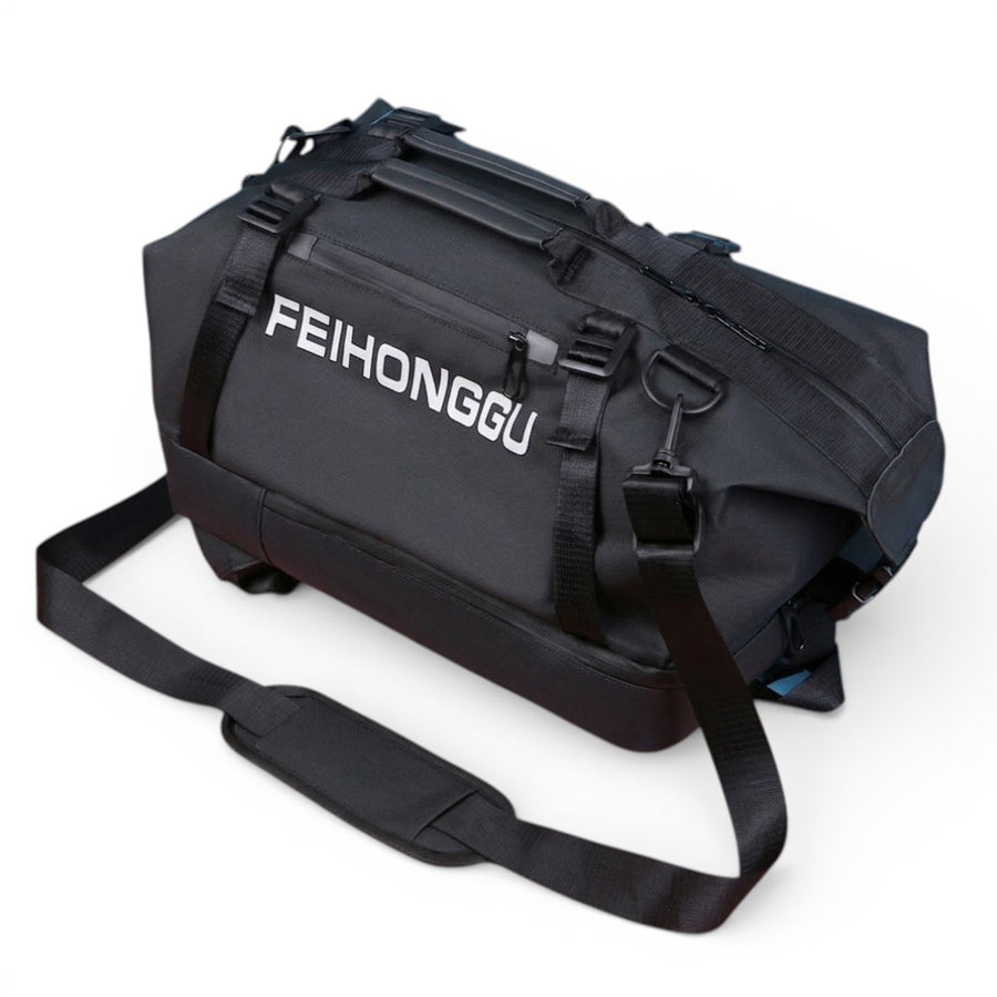 Black duffel bag with 'FEIHONGGU' branding on a white background
