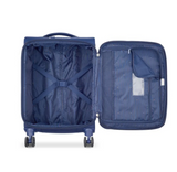 Navy blue carry-on suitcase open, showing interior straps and mesh pockets for organized travel packing.