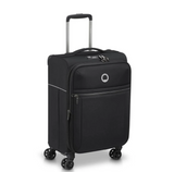 Black softside carry-on luggage with 4 spinner wheels and telescopic handle for travel