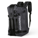 Black FEIHONGGU travel backpack with multiple zippers and straps, ideal for students and laptop carry