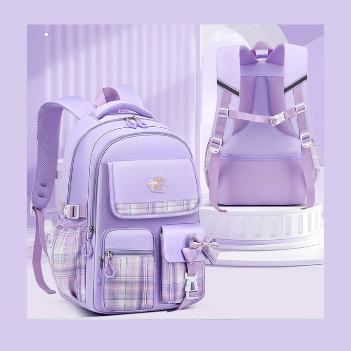 Lavender backpack with plaid pattern on a light purple background