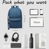 Blue 15.6-inch laptop backpack with 16-inch height, fits tablet, phone, headphones, umbrella, A4 docs, and travel essentials