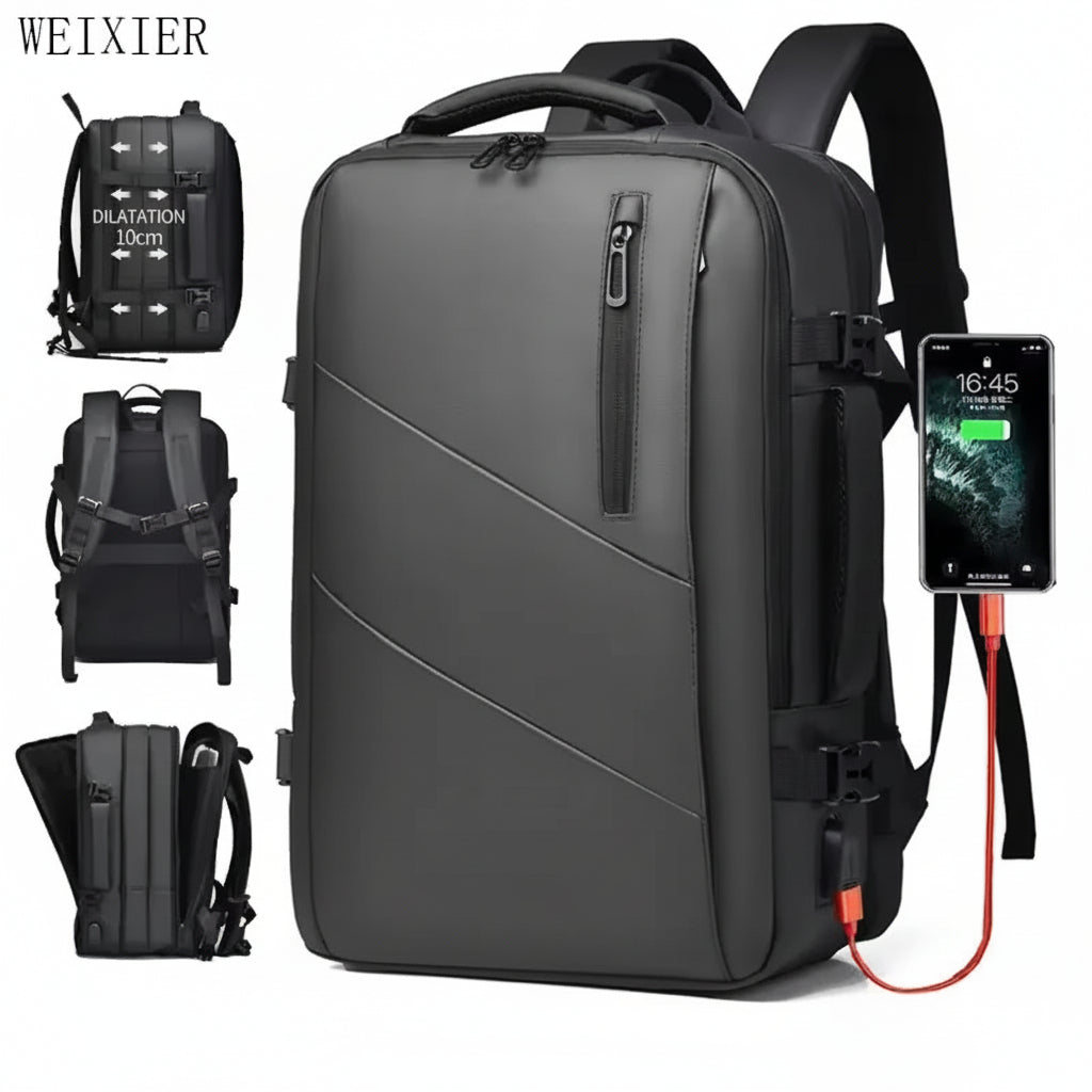 Gray backpack with smartphone attachment on a white background, featuring the brand 'WEIXIER'.