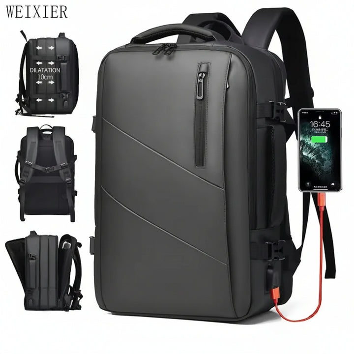 Gray backpack with smartphone attachment on a white background, featuring the brand 'WEIXIER'.