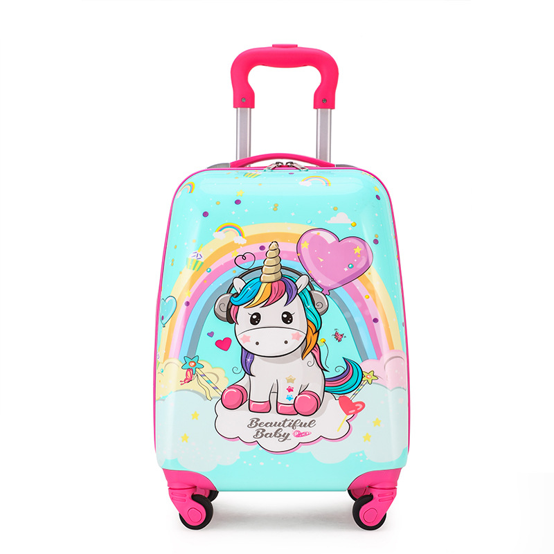 Cute unicorn kids suitcase with rainbow design, pink handle & wheels, perfect for travel or school