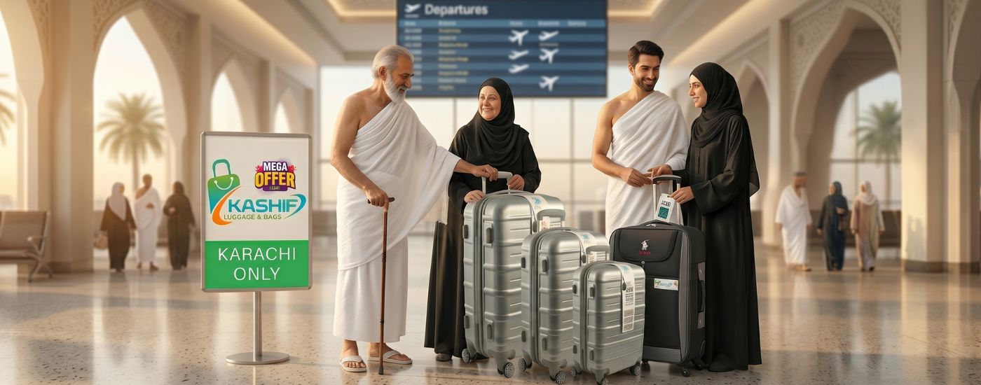People with suitcases in an airport terminal with a Kashf Bank sign.