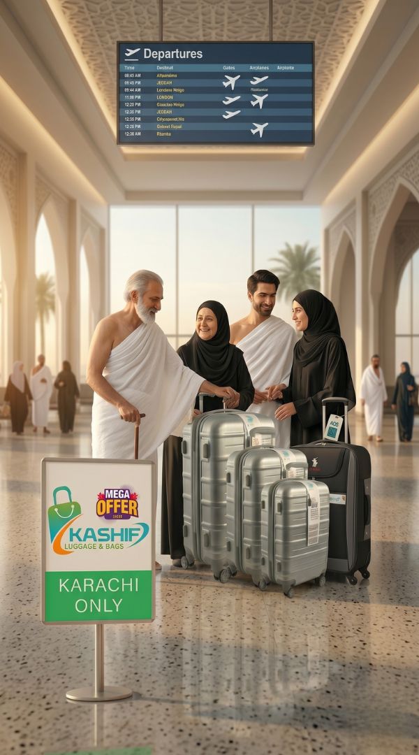 People with luggage at an airport terminal with a Kashif Airlines sign.