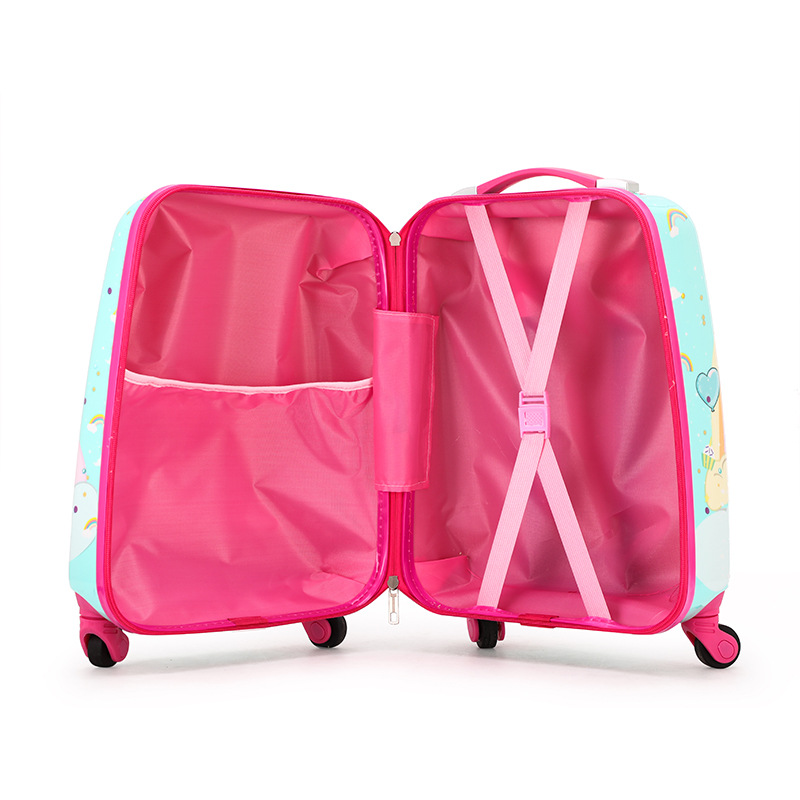 Pink and blue kids travel suitcase with unicorn print, open to show interior pockets and straps
