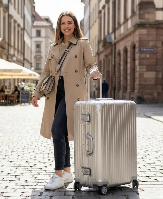 Woman in a trench coat pulling a silver suitcase on a cobblestone street.