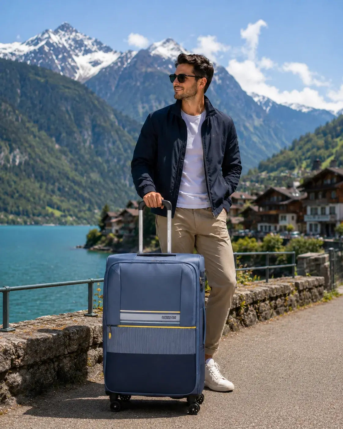 A man wearing sunglasses stands outdoors by a lake with mountains and buildings in the background, holding the handle of a blue rolling suitcase.