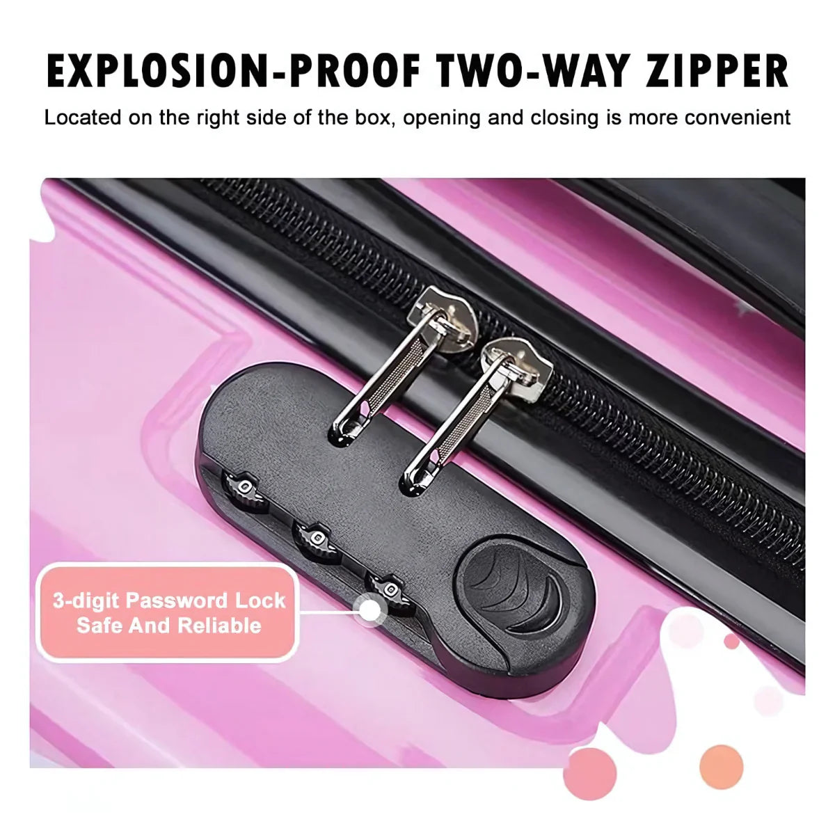 Pink suitcase with explosion-proof two-way zipper and 3-digit password lock for secure travel