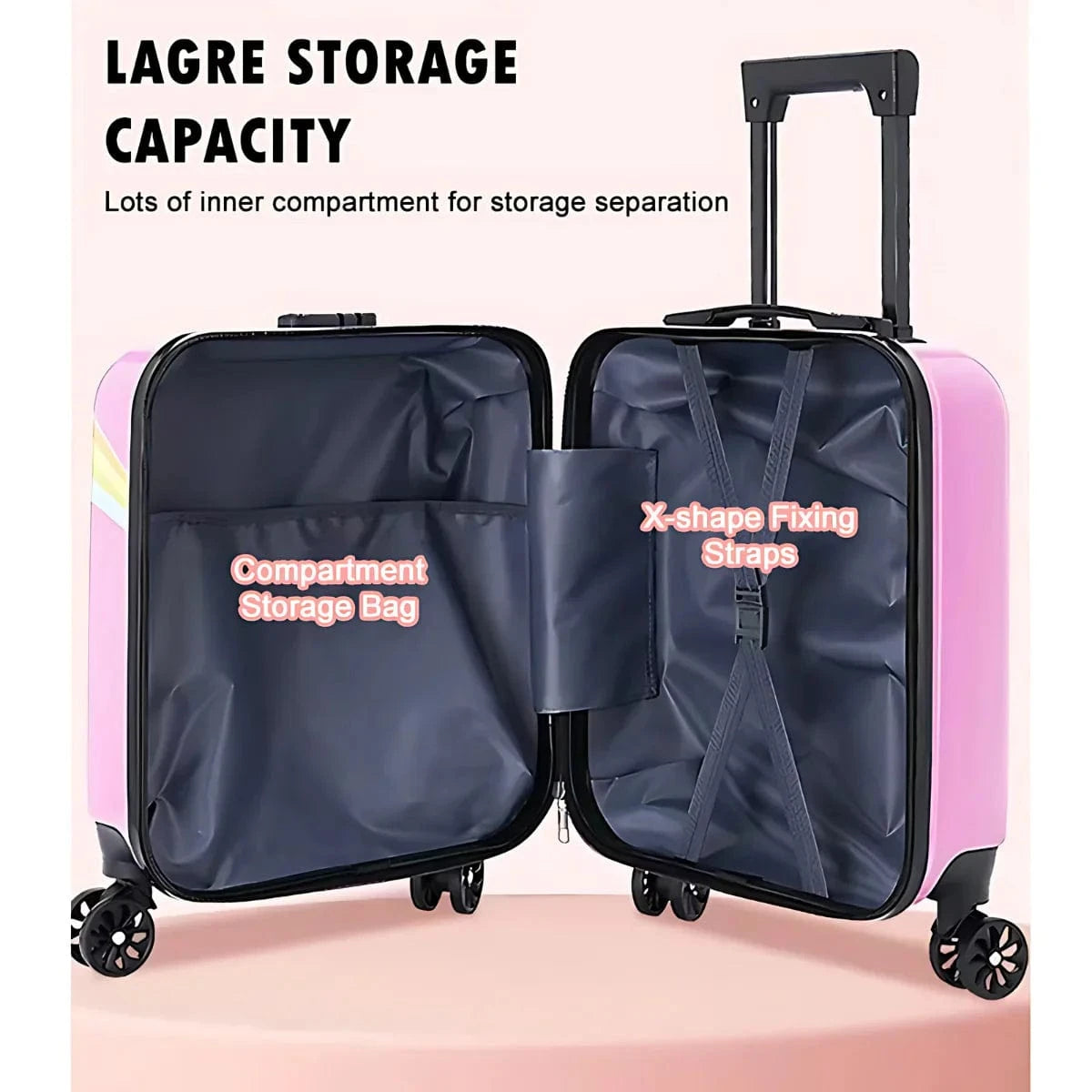 Pink hard-shell suitcase with large storage capacity, compartment bag, and X-shape fixing straps for travel