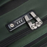 Green travel luggage with TSA-approved combination lock and zipper pull, secure for trips