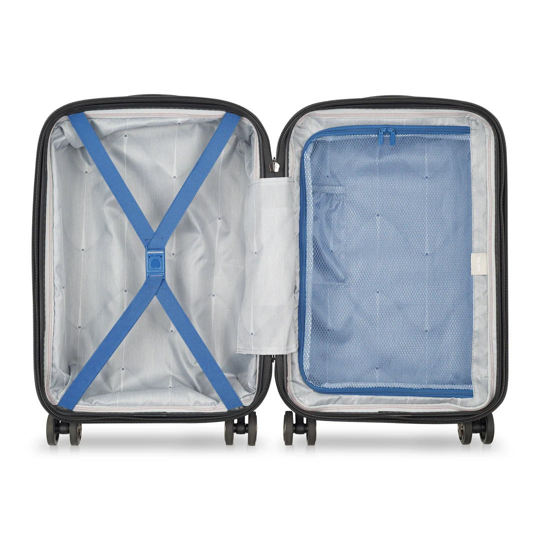 Open black carry-on suitcase with blue straps and mesh pocket, ideal for travel luggage and student use