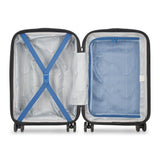 Open black carry-on suitcase with blue straps and mesh pocket, ideal for travel luggage and student use