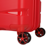 Red hard-shell travel luggage with dual spinner wheels for smooth mobility