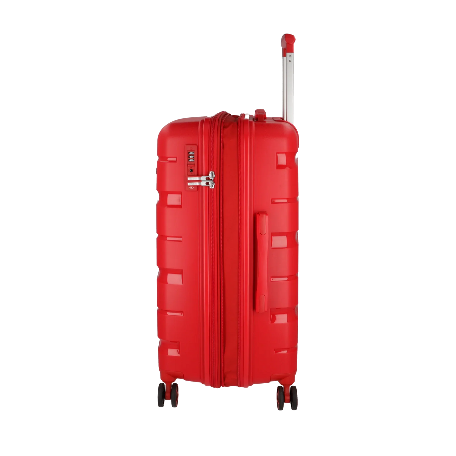 Red hardshell travel suitcase with spinner wheels and combo lock, ideal for luggage and travel needs.