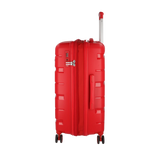 Red hardshell travel suitcase with spinner wheels and combo lock, ideal for luggage and travel needs.