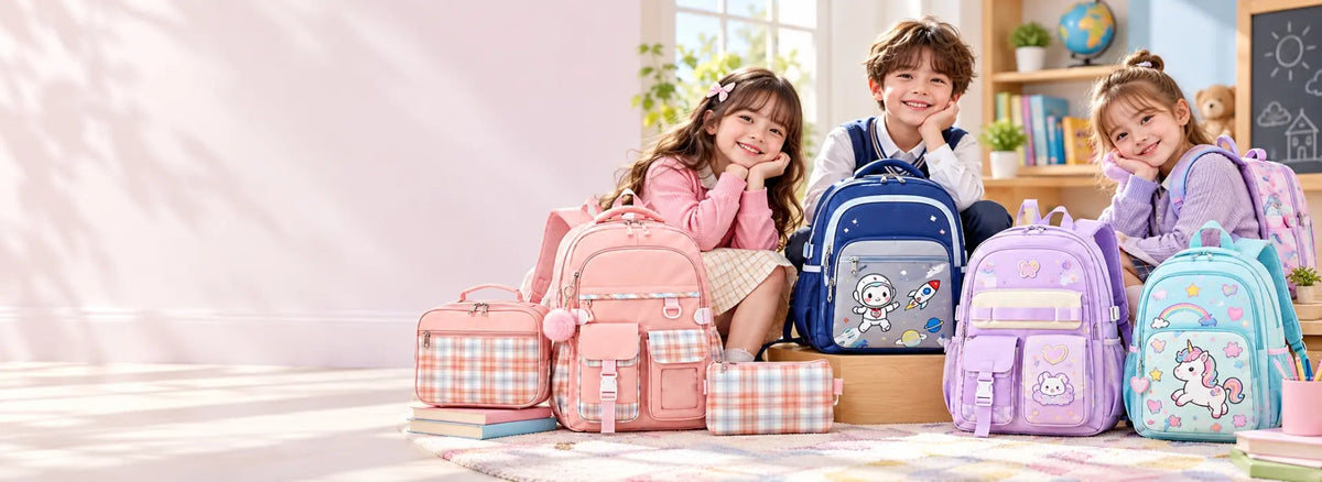 kids with school bags website banner of Kashif Luggage & Bags - Buy onlie kids school bags in pakistan