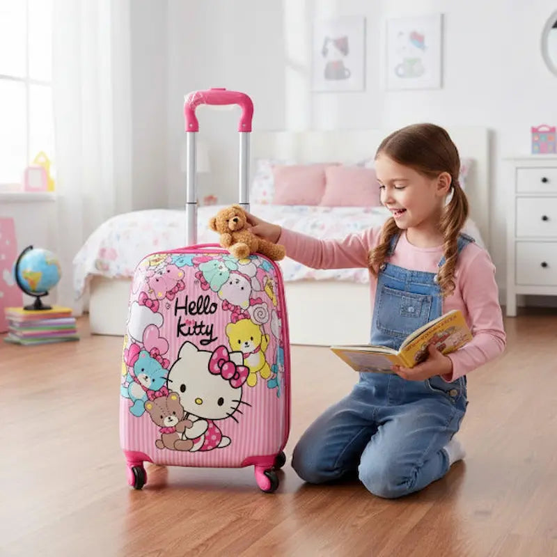 Child with a Hello Kitty suitcase in a bedroom