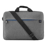 Gray HP laptop bag with black strap and blue accent, ideal for travel or student use