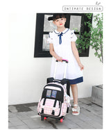 Girl with pink plaid rolling school backpack, perfect for students and travel