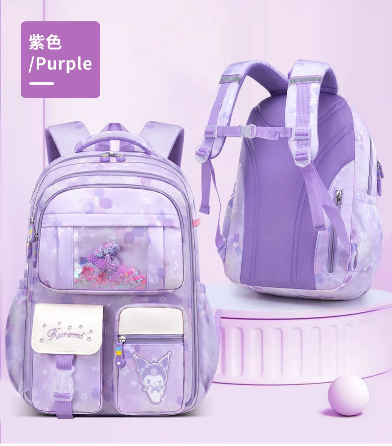 Purple Kuromi student backpack with floral print, front pocket, and adjustable straps for school or travel