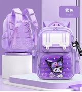 Purple kids backpack with cute cartoon character, ideal for school or travel, featuring padded straps and front pocket.