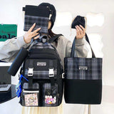 Plaid backpack, tote bag, and matching pouches set for school or travel