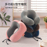 Stack of colorful U-shaped travel neck pillows on a table in a bright room