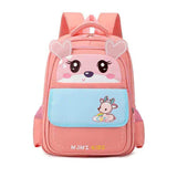 Pink kids backpack with cute deer face, heart ears, and blue front pocket for school or travel