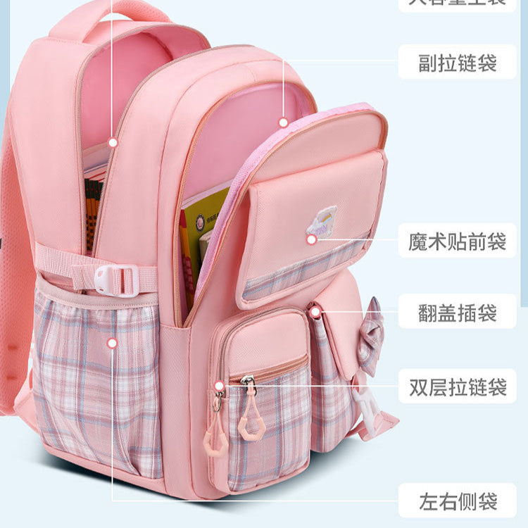 Pink student backpack with plaid pockets, magic tape front pocket, and dual-zip compartments for school supplies