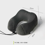 Soft black travel neck pillow with adjustable strap, ergonomic U-shape, size dimensions shown.