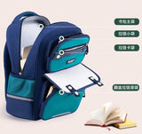 Blue and teal student backpack with multiple compartments, laptop sleeve, and front pocket, ideal for school or travel.