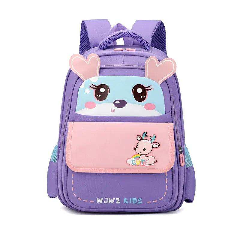 Purple kids backpack with cute deer face, pink ears, and front pocket, ideal for school or travel