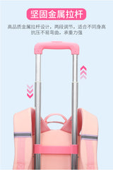 Pink rolling backpack with sturdy metal telescopic handle, adjustable for height, ideal for students and travel